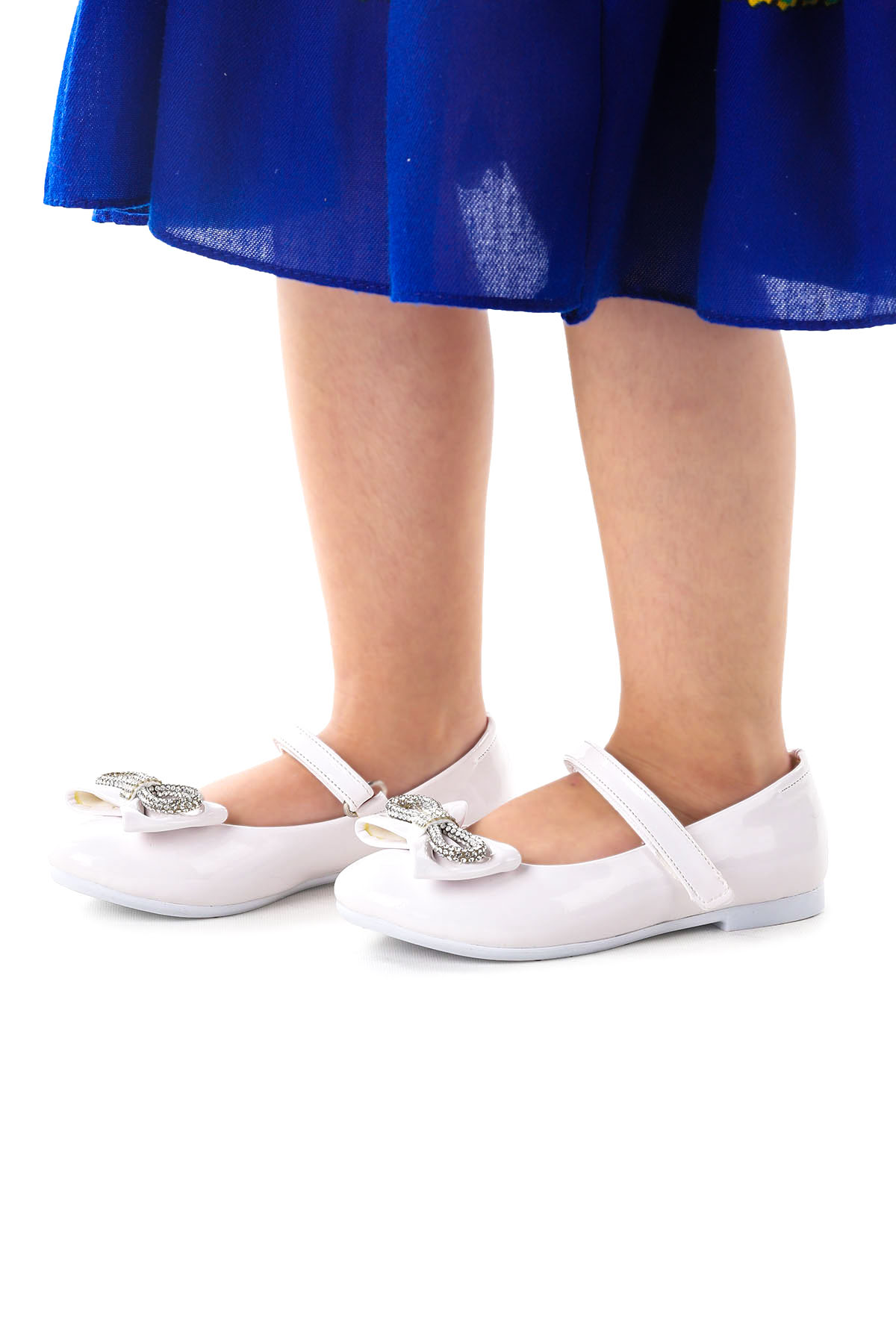 Bowtie Papyon Taşlı Cırtlı Kız Çocuk Babet Ayakkabı Beyaz - Görsel 3