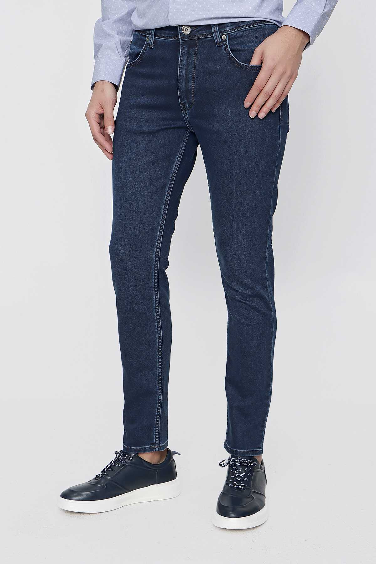 Erkek Marine Denim Slim Fit Dar Kesim Jean Kot Pantolon