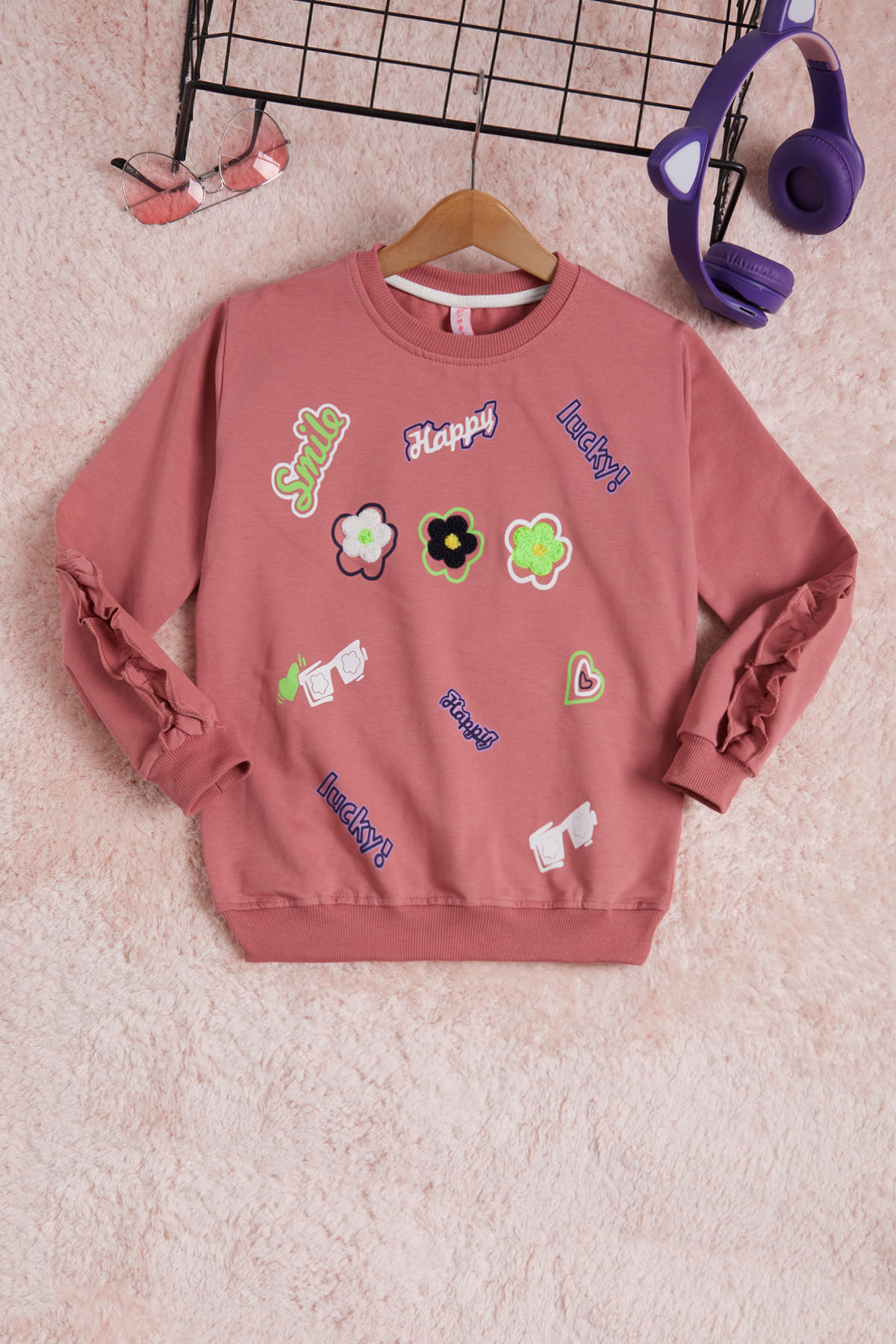 Gül Kurusu Çiçek Nakışlı Uzun Kol Kız Çocuk Sweatshirt 16301