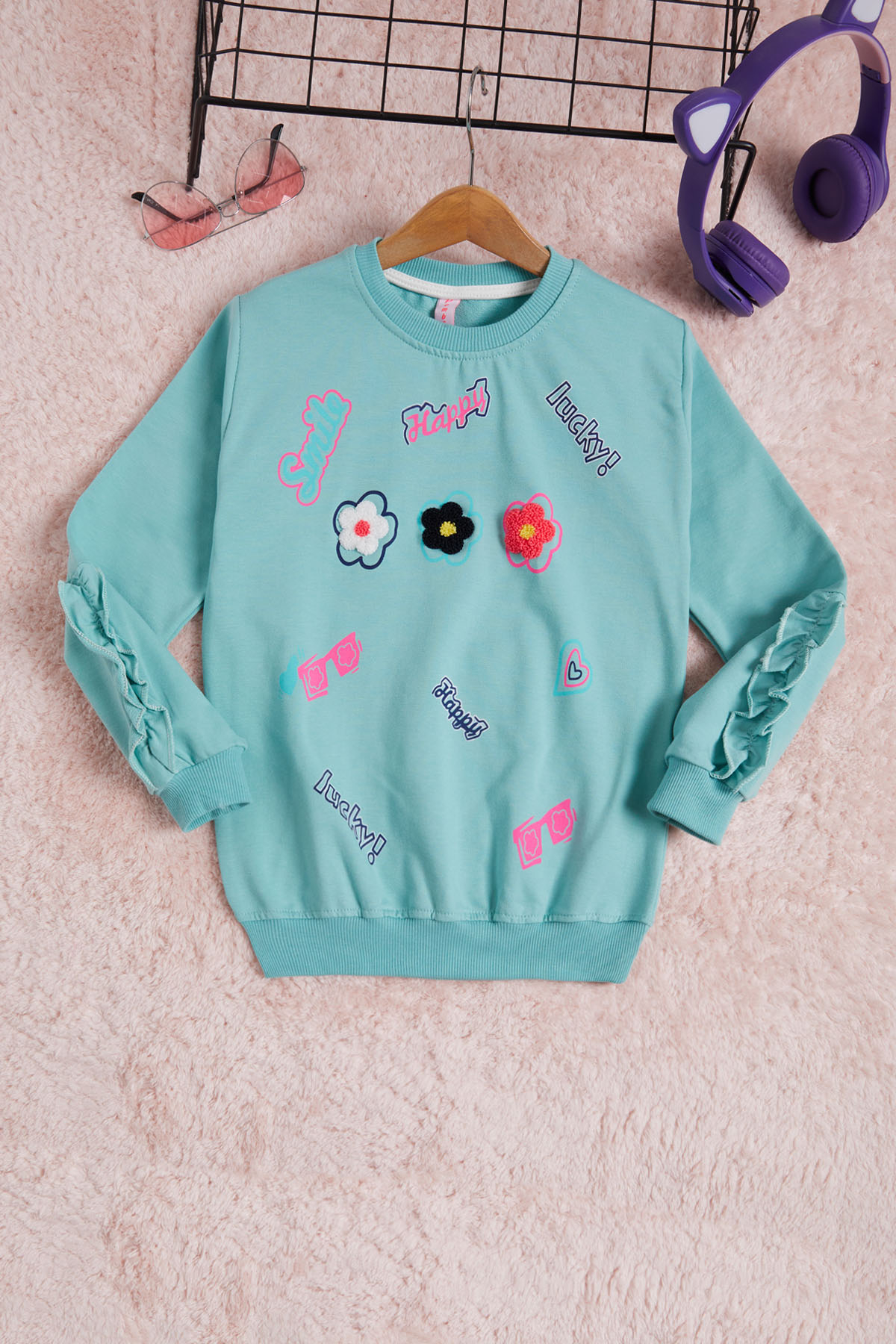 Mint Çiçek Nakışlı Uzun Kol Kız Çocuk Sweatshirt 16306