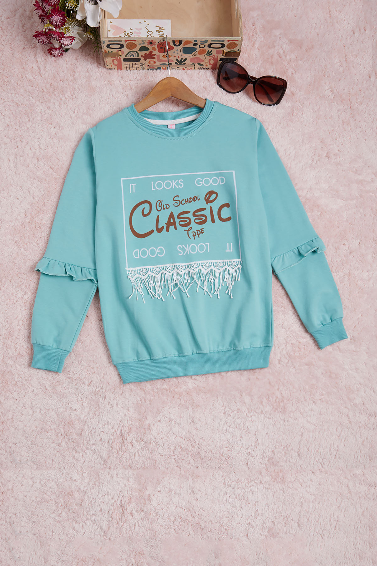 Mint Yazı Baskılı Püsküllü Kız Çocuk Sweatshirt 16313