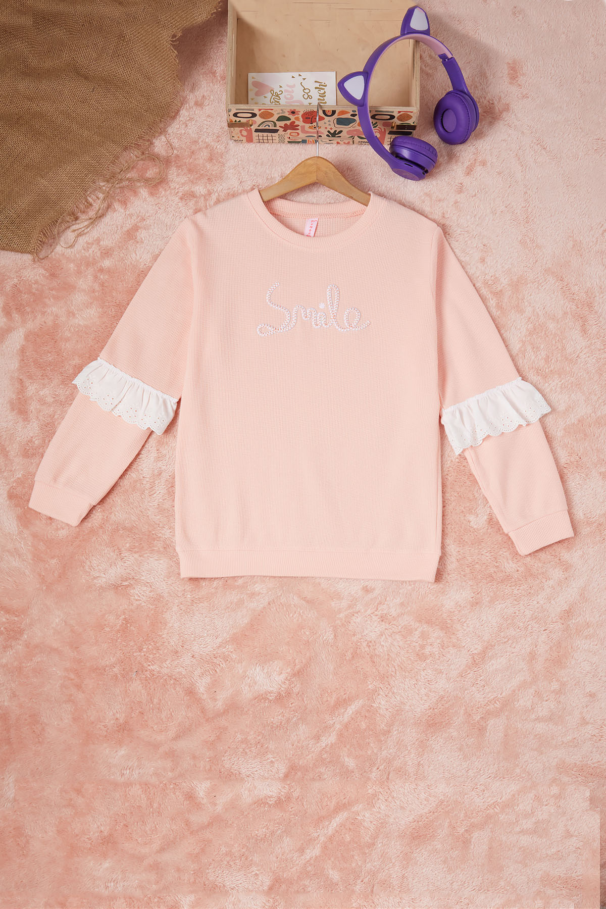 Somon Smile Nakışlı Kız Çocuk Waffle Sweatshirt 16590