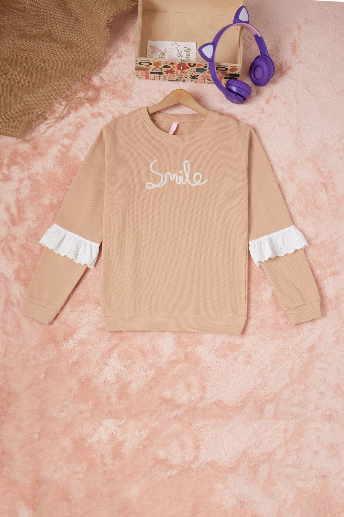 Kahverengi Smile Nakışlı Kız Çocuk Waffle Sweatshirt 16591