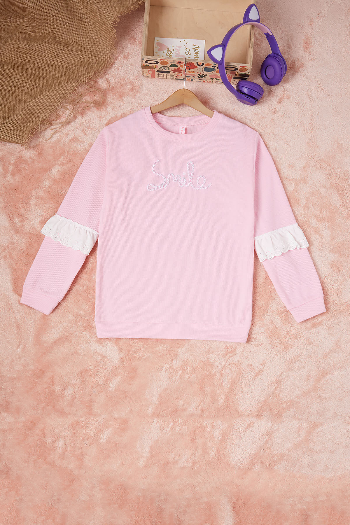 Pembe Smile Nakışlı Kız Çocuk Waffle Sweatshirt 16592