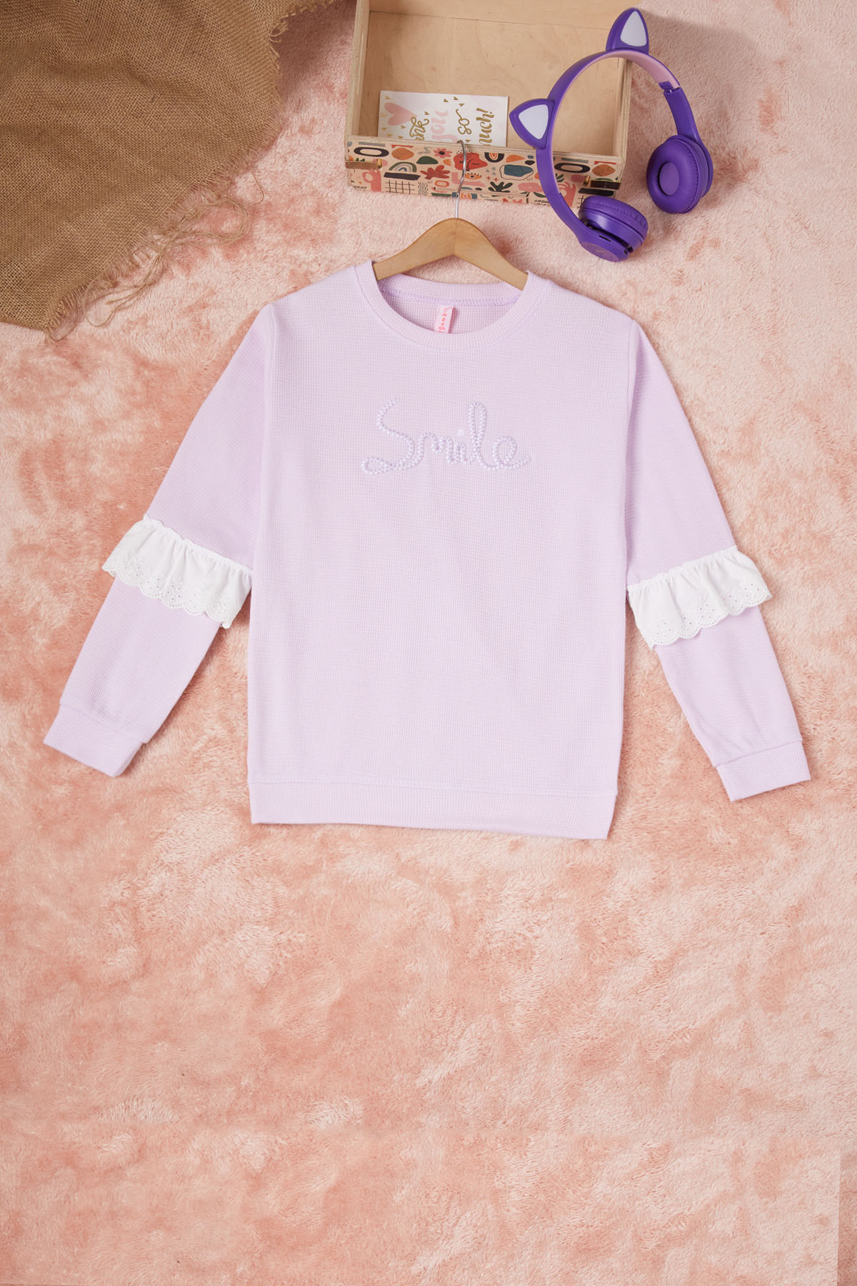 Lila Smile Nakışlı Kız Çocuk Waffle Sweatshirt 16593