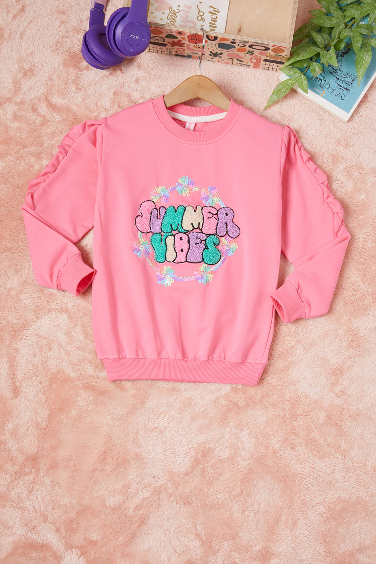 Pembe Summer Yazı Nakışlı Kız Çocuk Sweatshirt 16583