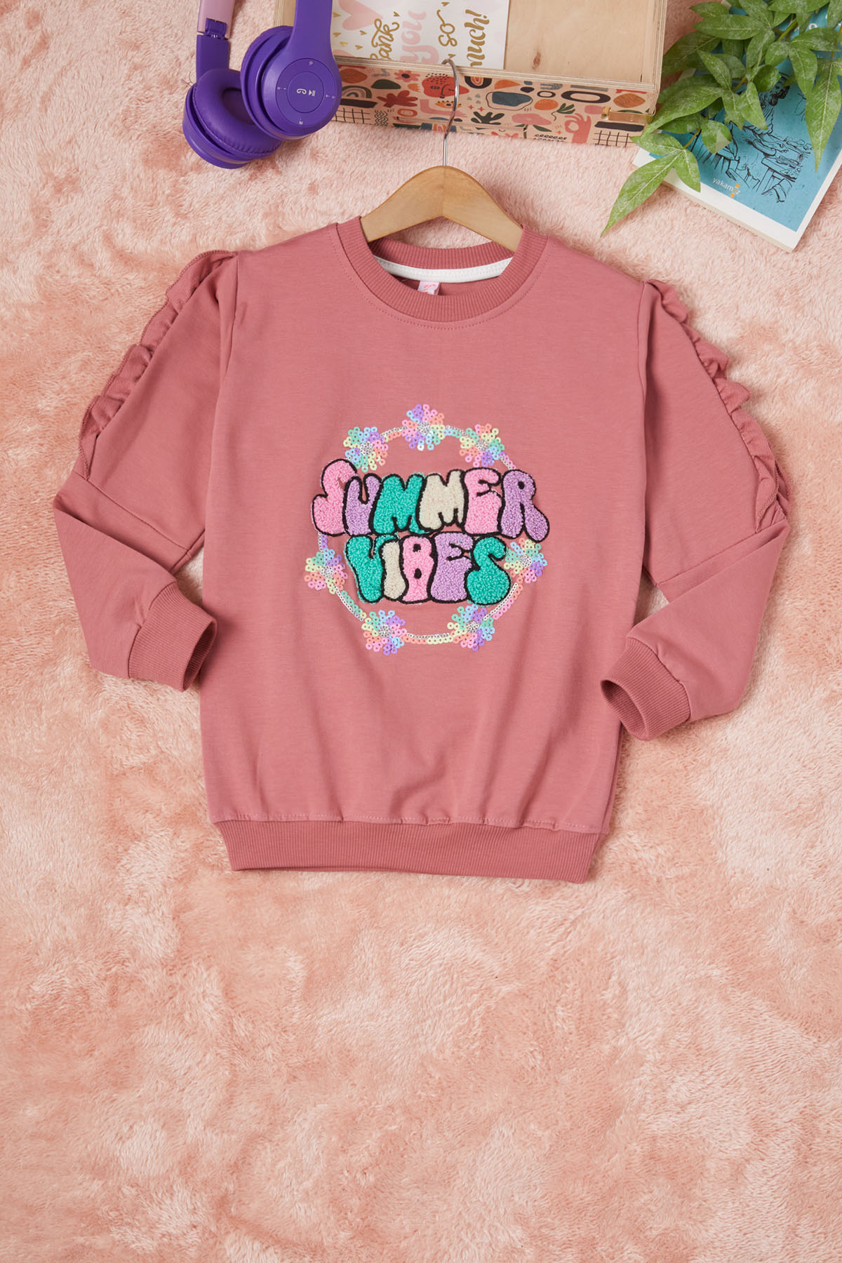 Koyu Pembe Summer Yazı Nakışlı Kız Çocuk Sweatshirt 16584