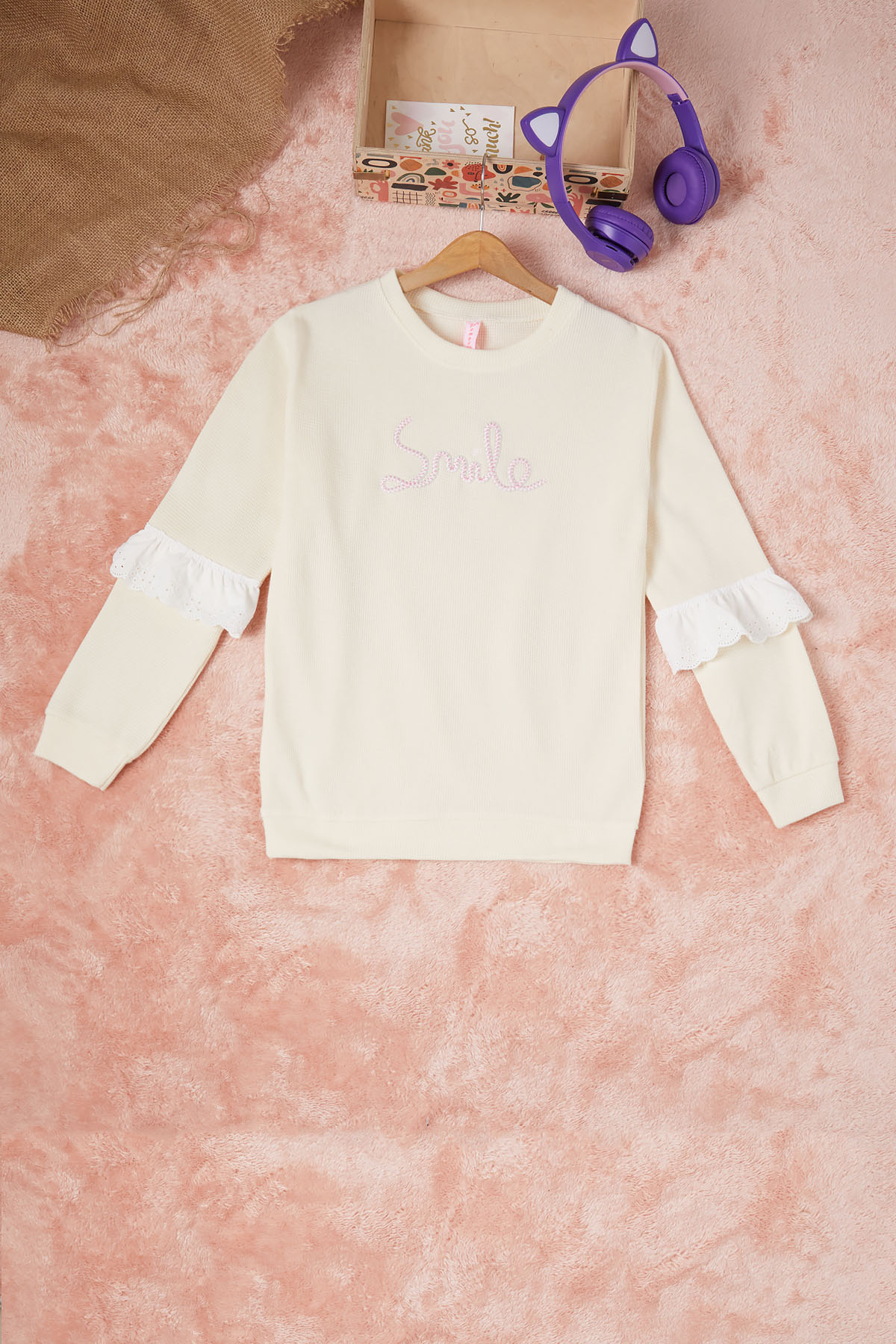 Krem Smile Nakışlı Kız Çocuk Waffle Sweatshirt 16589