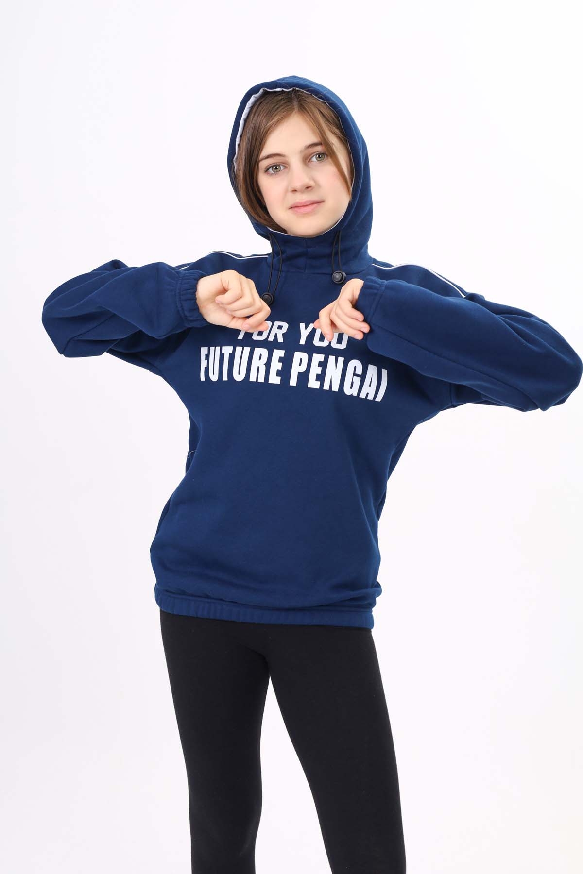 Lacivert Yazı Baskılı Polarlı Kız Çocuk Kapşonlu Sweatshirt 16640