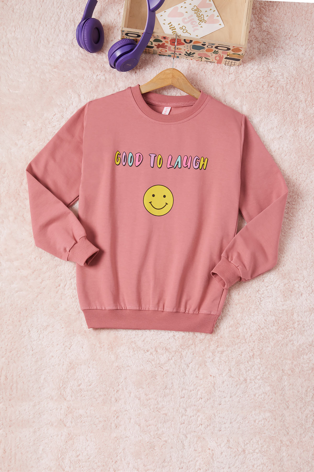 Gül Kurusu Gülen Yüz Sırtı Baskılı Kız Çocuk Sweatshirt 16703