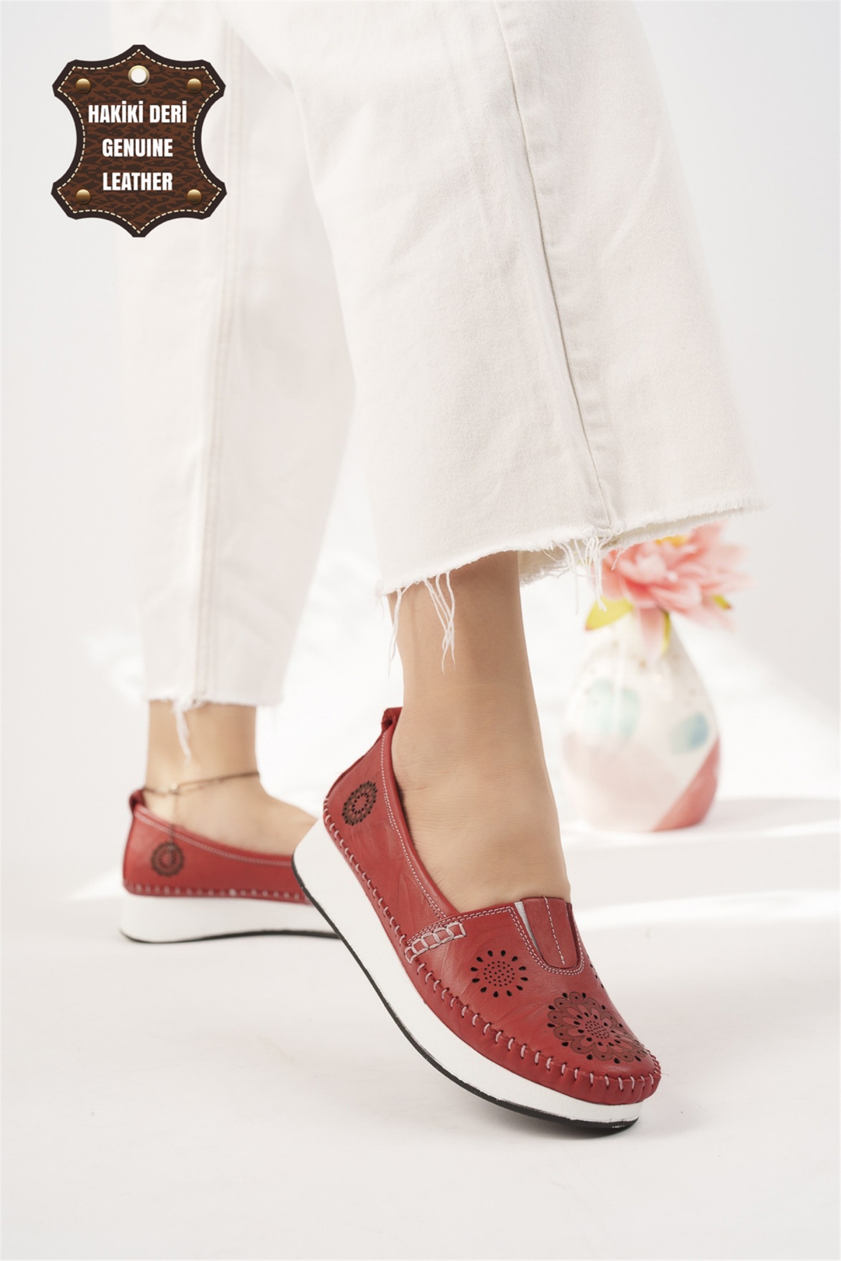 Elit Mn85L21C Kadın Hakiki Deri Espadril Kırmızı - Görsel 3