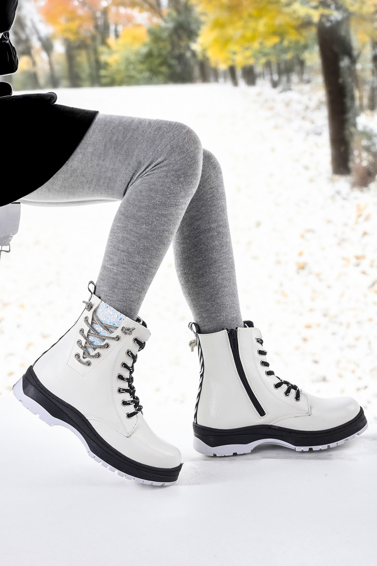 Termo Taban Kız Çocuk Bot 621 Kırışık Taşlı Beyaz - Görsel 4