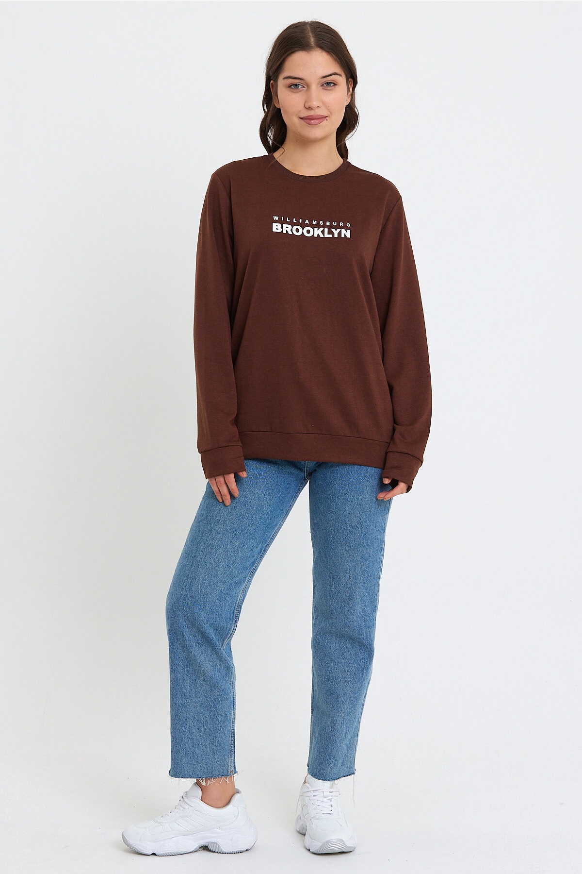 Kadın Bisiklet Yaka Oversize Fit Brooklyn Baskılı Sweatshirt SPR23SW330