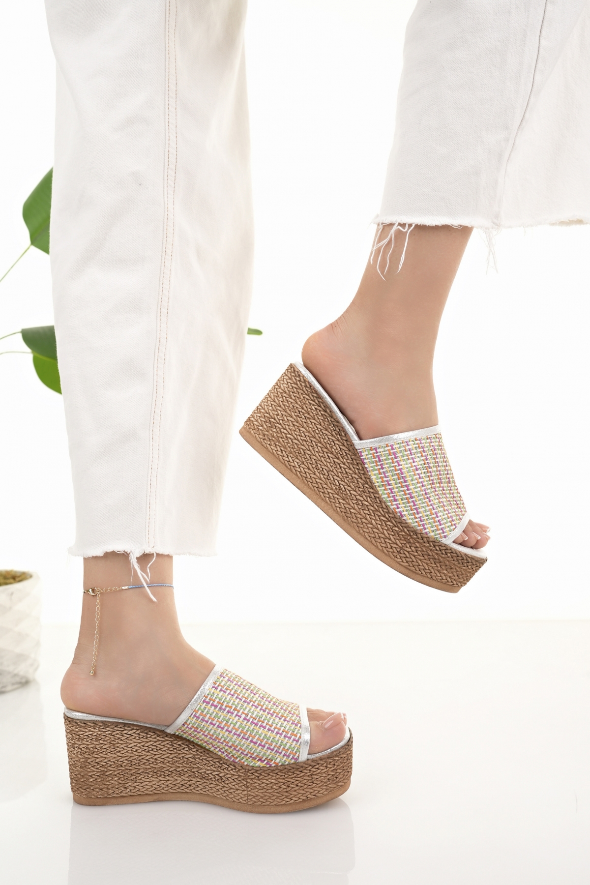 Kadın Garantili 7 cm Yüksek Topuk Platform taban Terlik Ppl.2002 Gümüş - Görsel 2