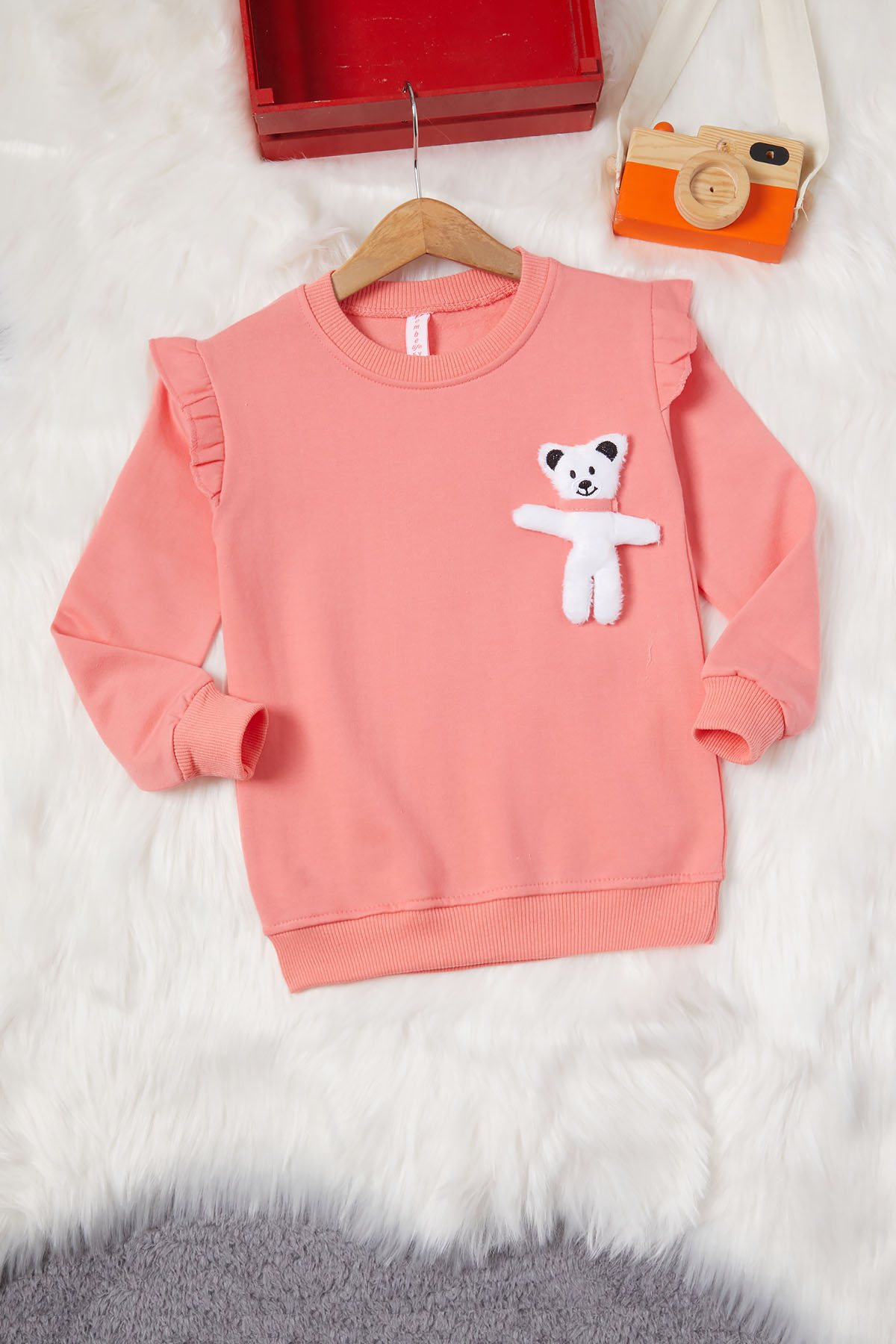 Koyu Pembe Ayıcıklı Kolları Volanlı Kız Çocuk Şardonlu Sweatshirt 16983