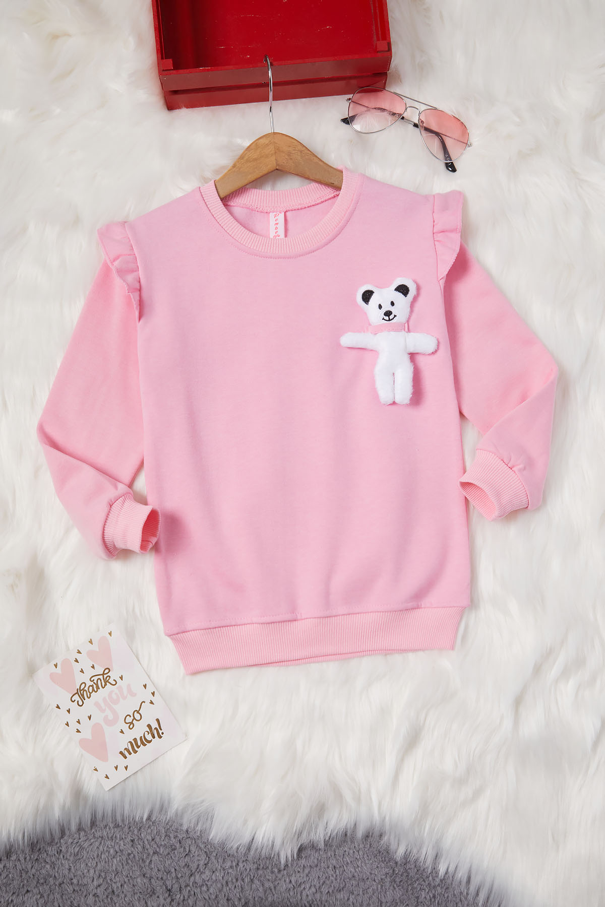 Açık Pembe Ayıcıklı Kolları Volanlı Kız Çocuk Şardonlu Sweatshirt 16985