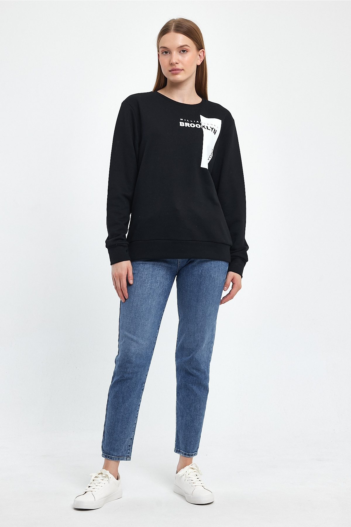 Kadın Bisiklet Yaka Rahat Kalıp 3 iplik Kalın W.Brooklyn Baskılı  Sweatshirt SPR24SWK31