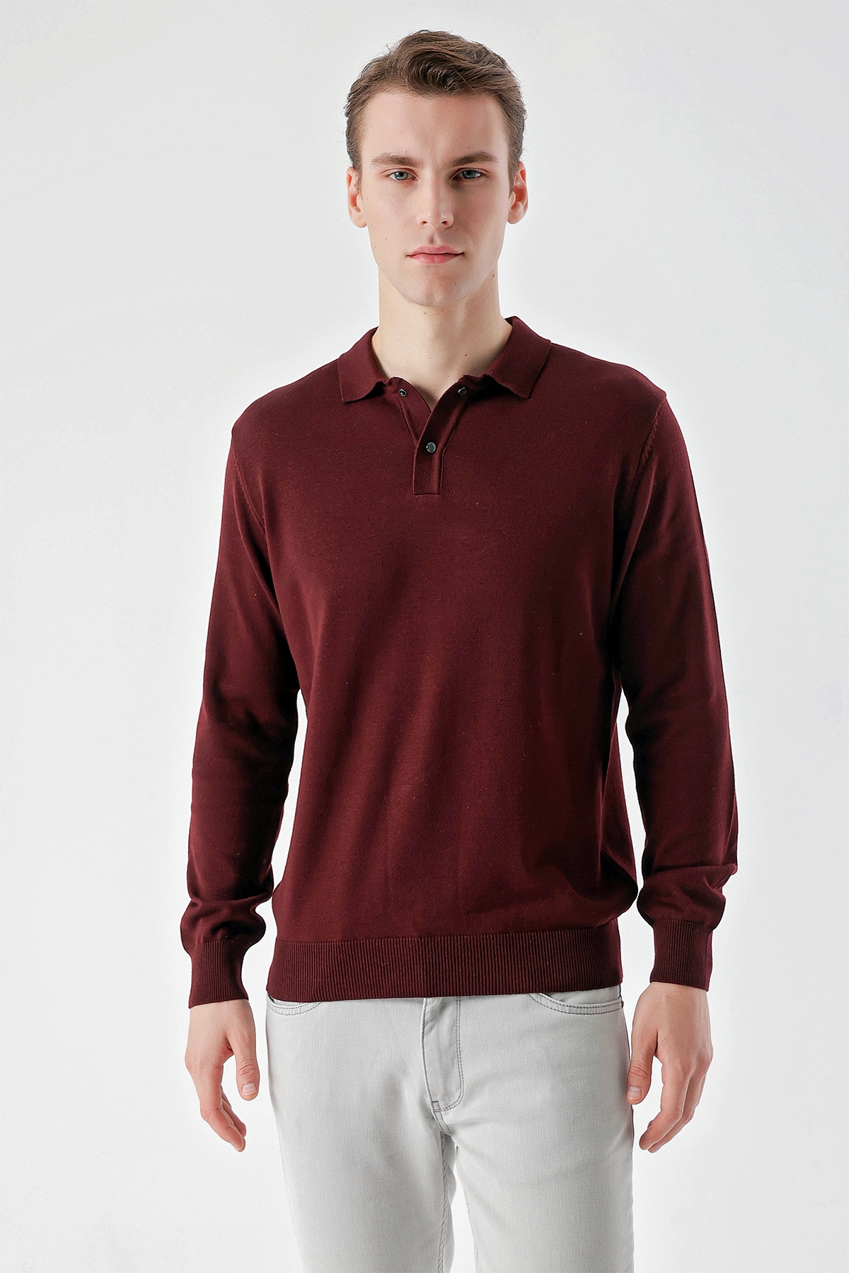 Erkek Koyu Bordo Basic Polo Yaka Dynamic Fit Rahat Kesim Triko