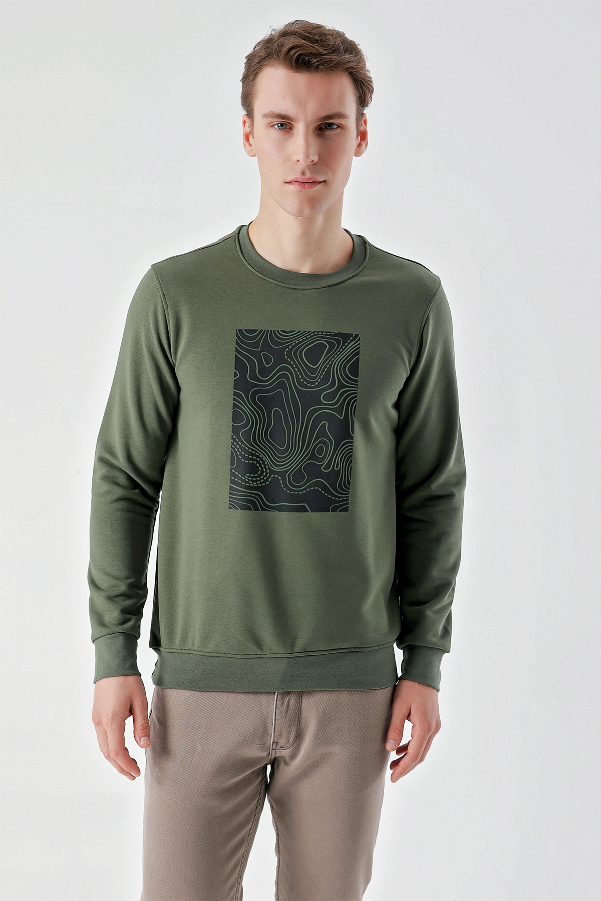 Erkek Haki Trend Bisiklet Yaka Sweat-Shirt