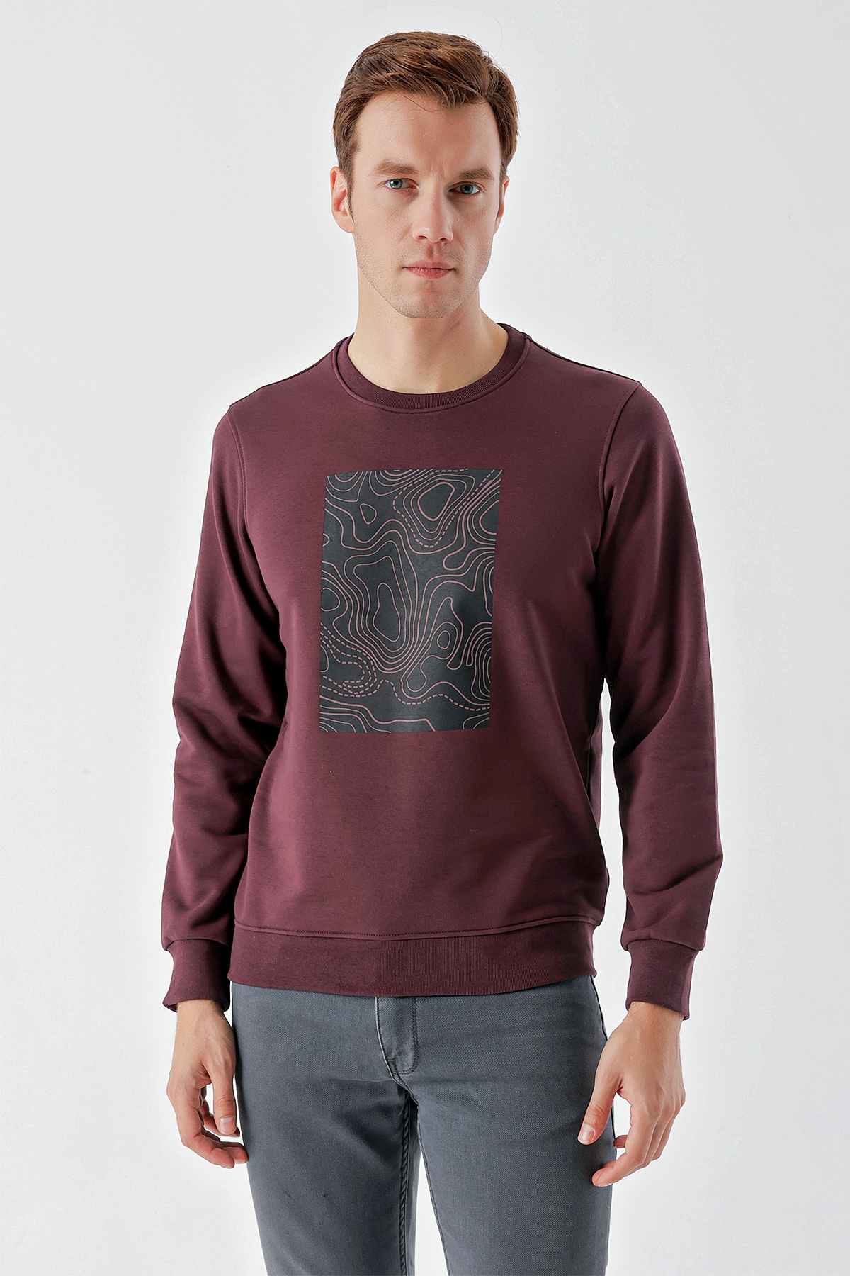 Erkek Mürdüm Trend Bisiklet Yaka Sweat-Shirt