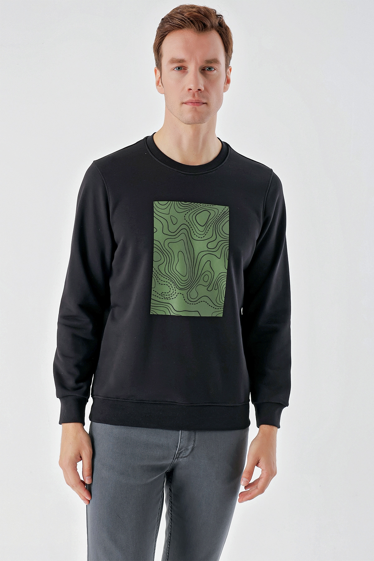 Erkek Siyah Trend Bisiklet Yaka Sweat-Shirt