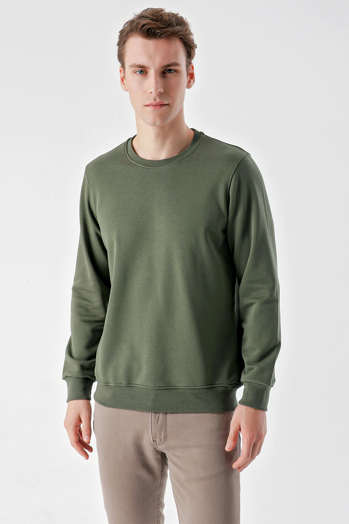 Erkek Yeşil Basic Bisiklet Yaka Sweat-Shirt