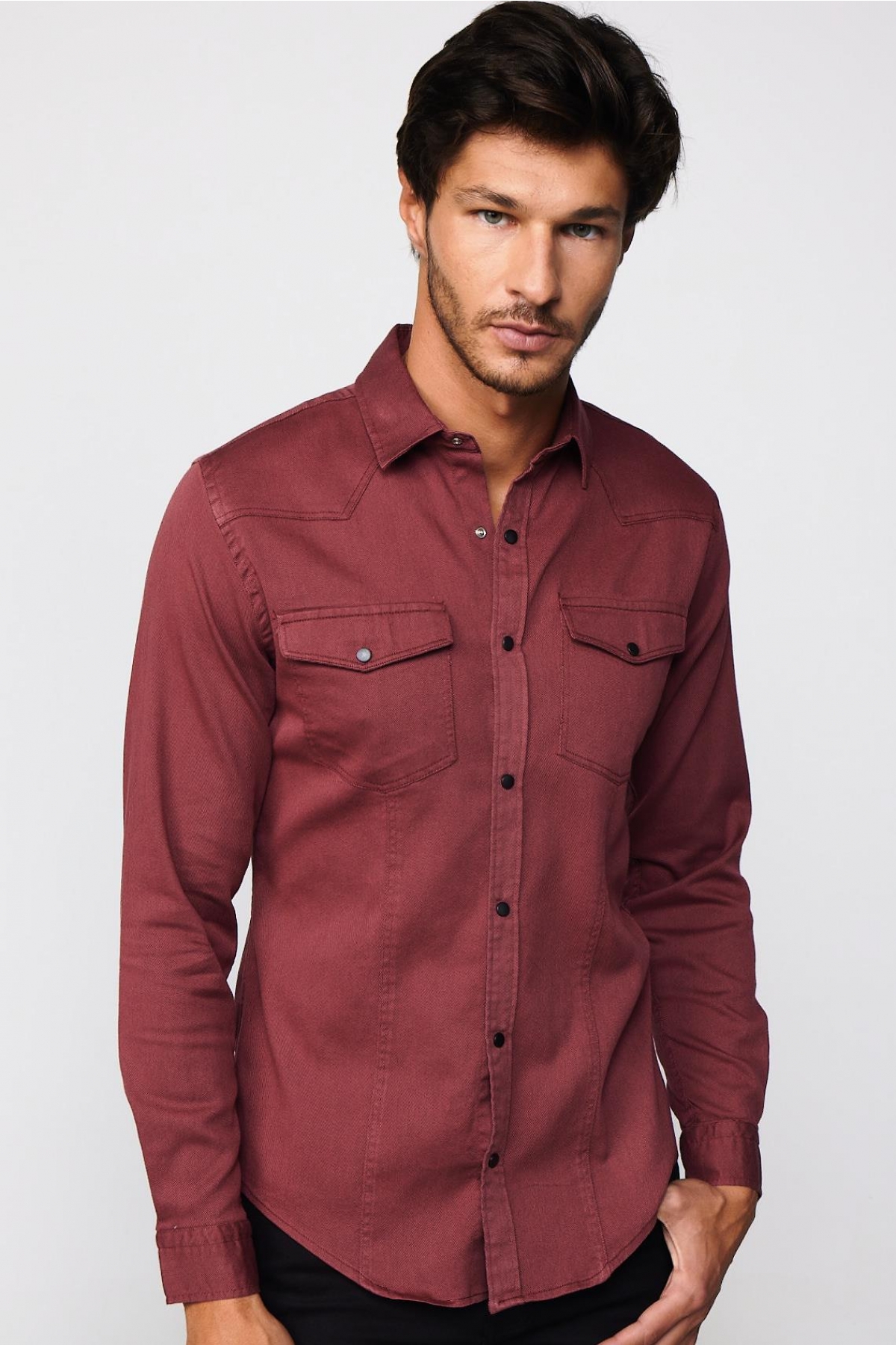 Slim Fit Gündelik Denim Bordo Erkek Gömlek