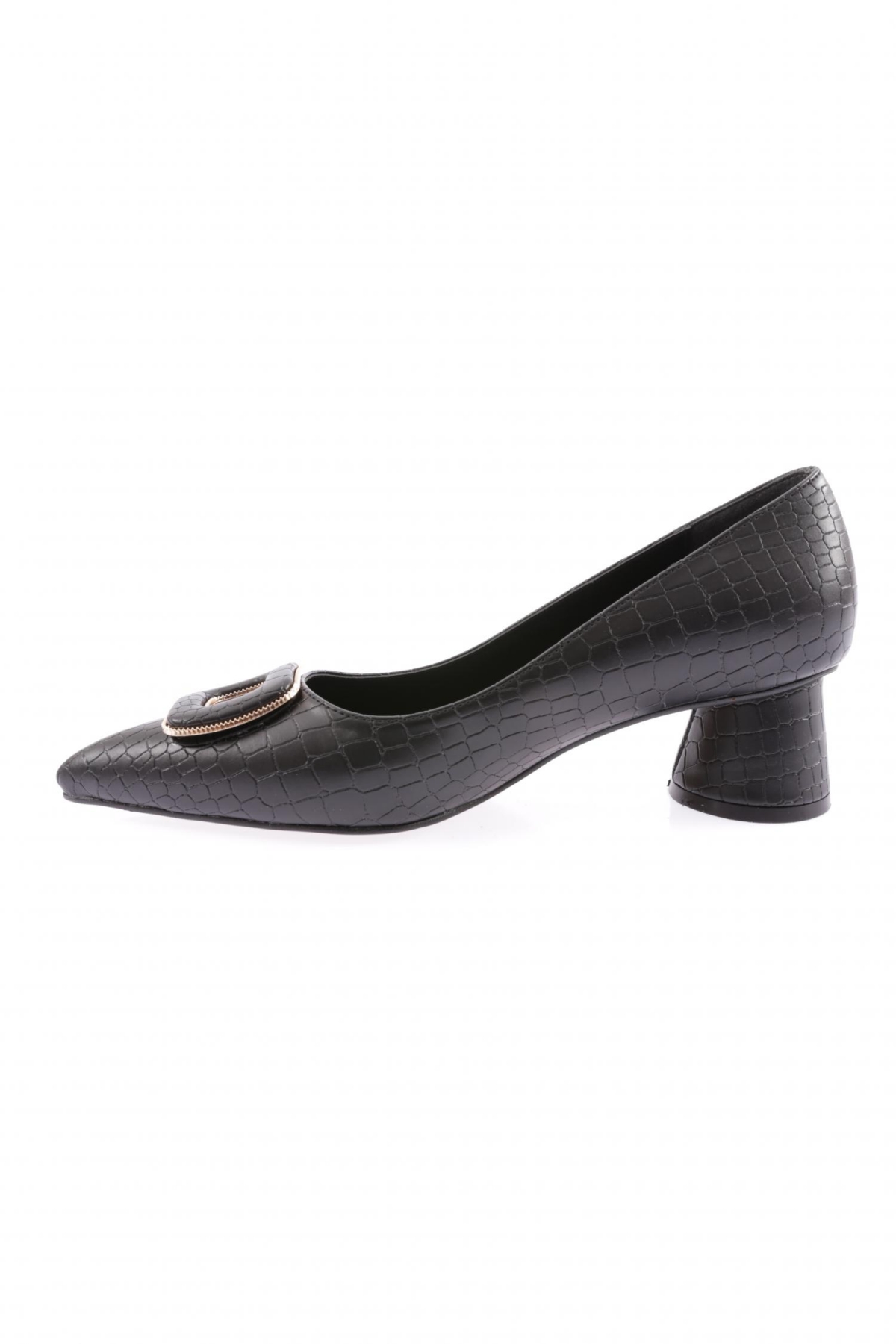 4320-23Y Kadin Metal Aksesuarli Sivri Burun Kalin Kisa Topuklu Ayakkabi - Görsel 4