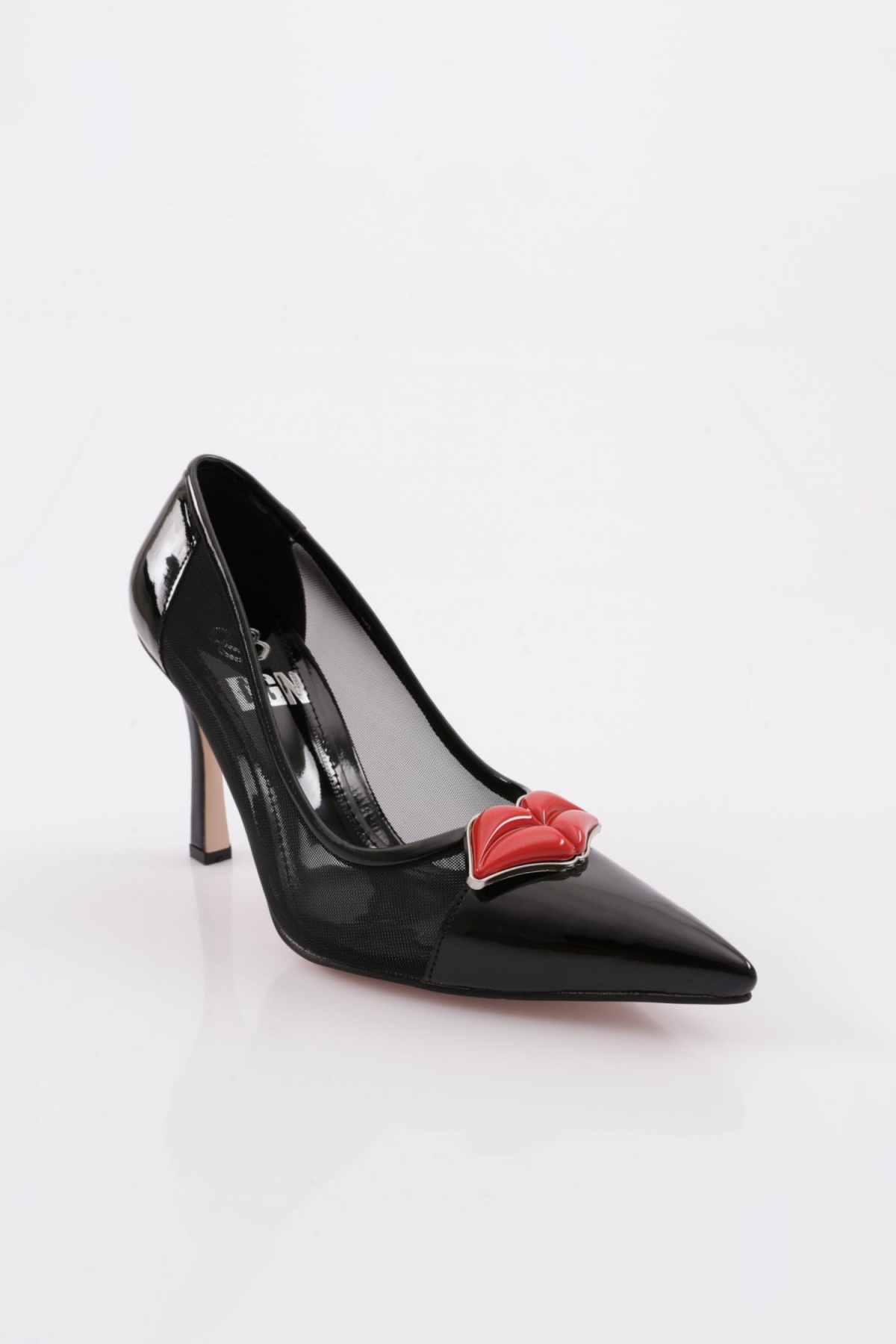 7703 Kadin Sivri Burun Parmak Dekolteli Dudak Toka Detayli Yan Fileli Topuklu Ayakkabi - Görsel 3