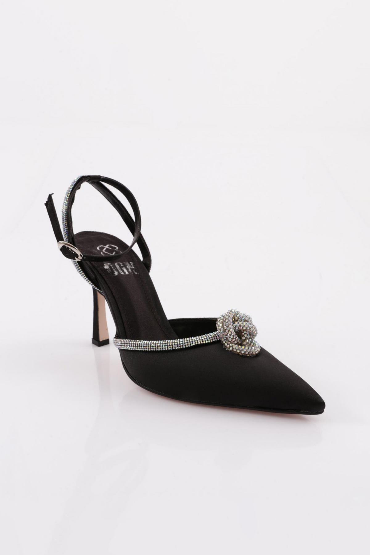 7707 Kadin Sivri Burun Parmak Dekolteli Silver Taş Detayli Yanlar Açik Bilekten Bağli Topuklu Ayakkabi - Görsel 3