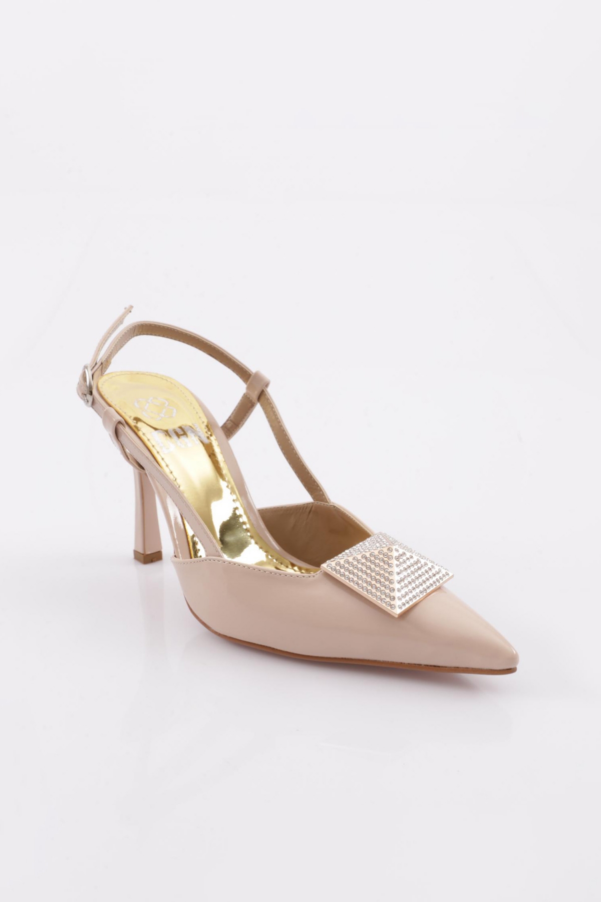 7711 Kadin Sivri Burun Parmak Dekolteli Taşli Kare Toka Arkasi Açik Topuklu Ayakkabi - Görsel 3