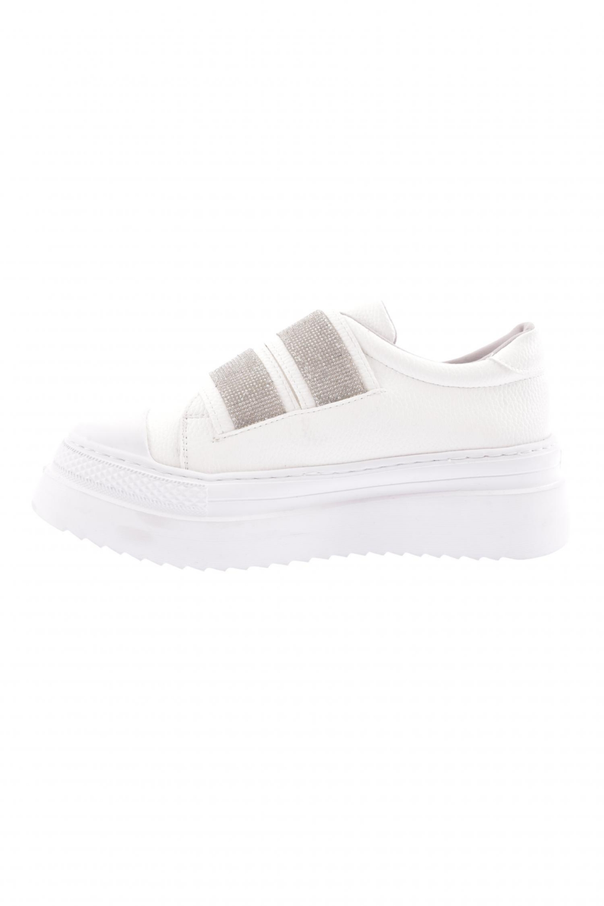 898-23Y Kadin 2 Cirtli Bantlari Silver Taşli Kalin Taban Sneaker Ayakkabi - Görsel 4