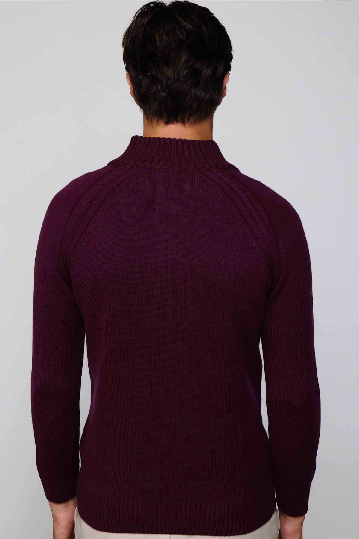 Erkek Slim Fit Dar Kesim Dik Yaka Düğmeli Bordo Triko Triko Kazak