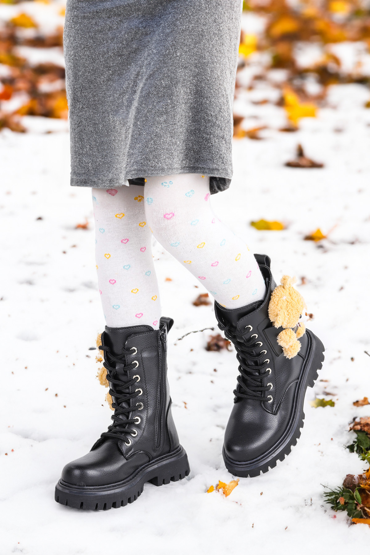 450 Ayıcıklı Fermuarlı Kız Çocuk Günlük Bot Ayakkabı Siyah - Görsel 3