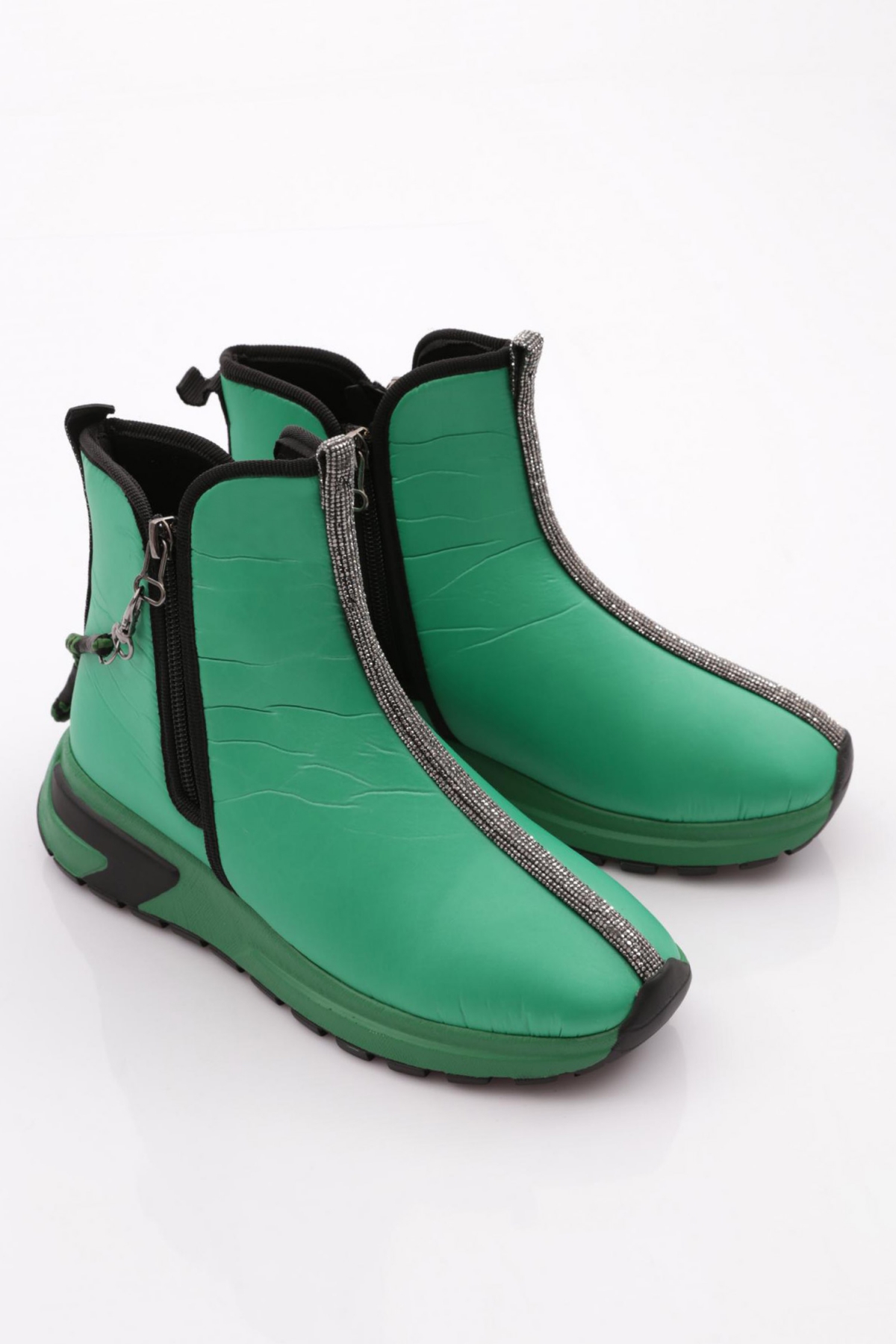 685-1-22K Kadin Kalin Taban Fermuar Detayli Silver Taşli Bot - Görsel 3