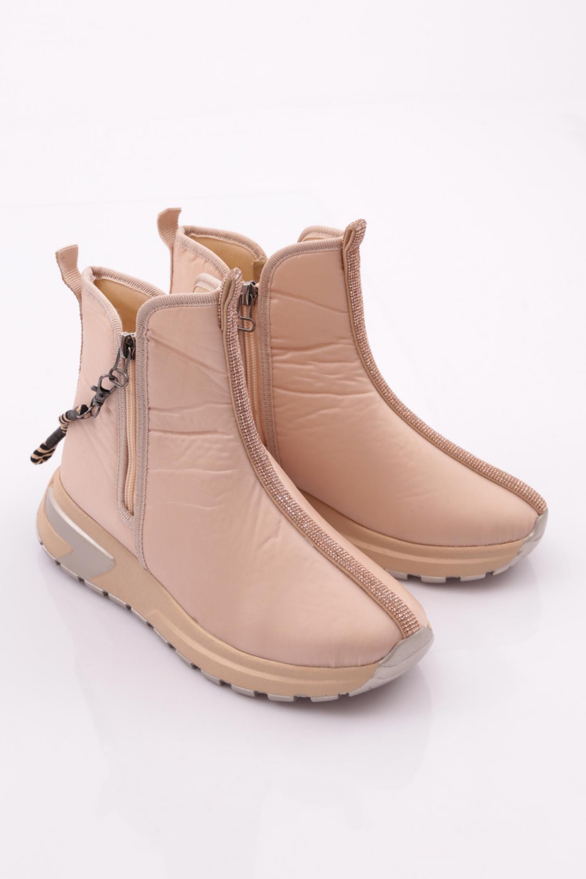 685-1-22K Kadin Kalin Taban Fermuar Detayli Silver Taşli Bot - Görsel 3