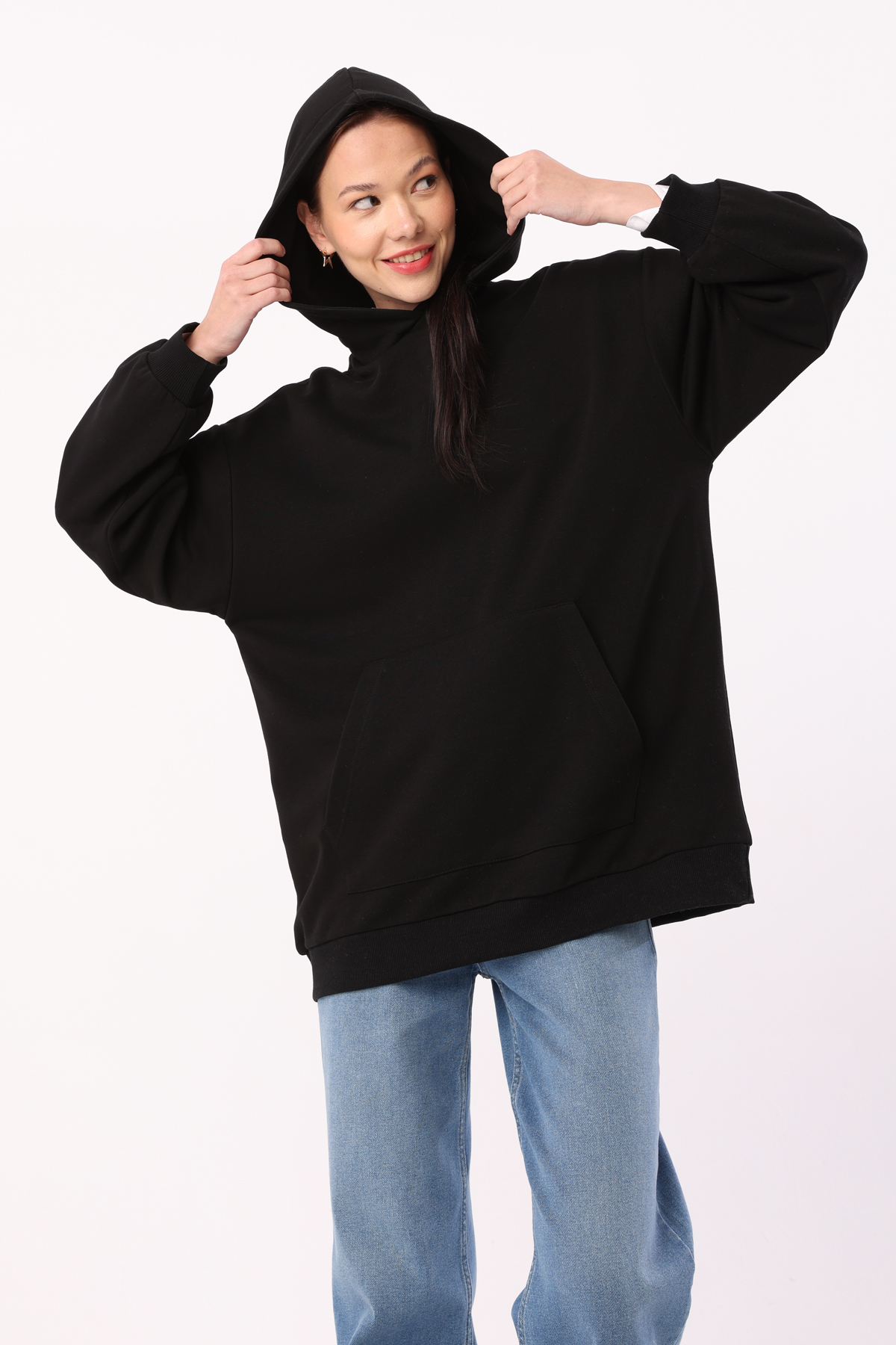 Siyah Kanguru Cepli Oversize Sweatshirt