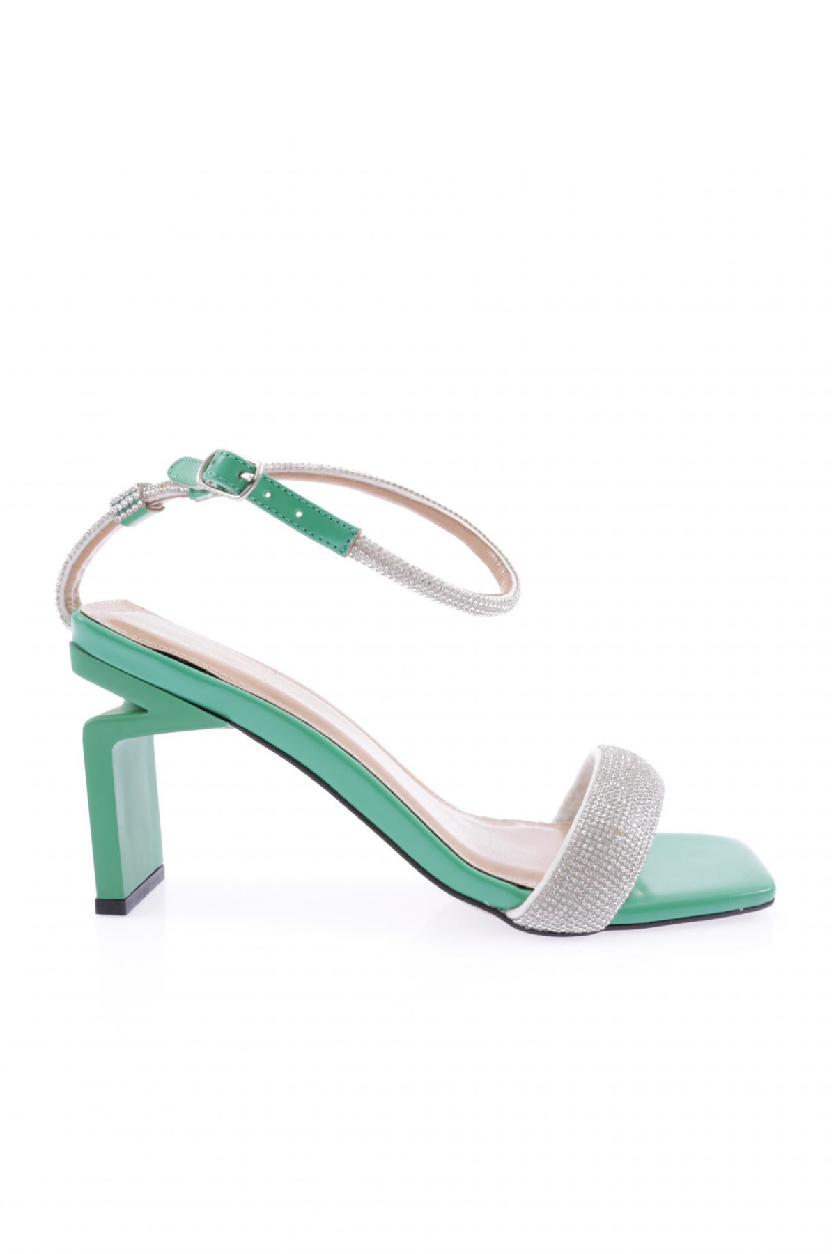 K9016 Kadin Silver Taş Bantli Bilekten Bağlamali Topuklu Sandalet - Görsel 2