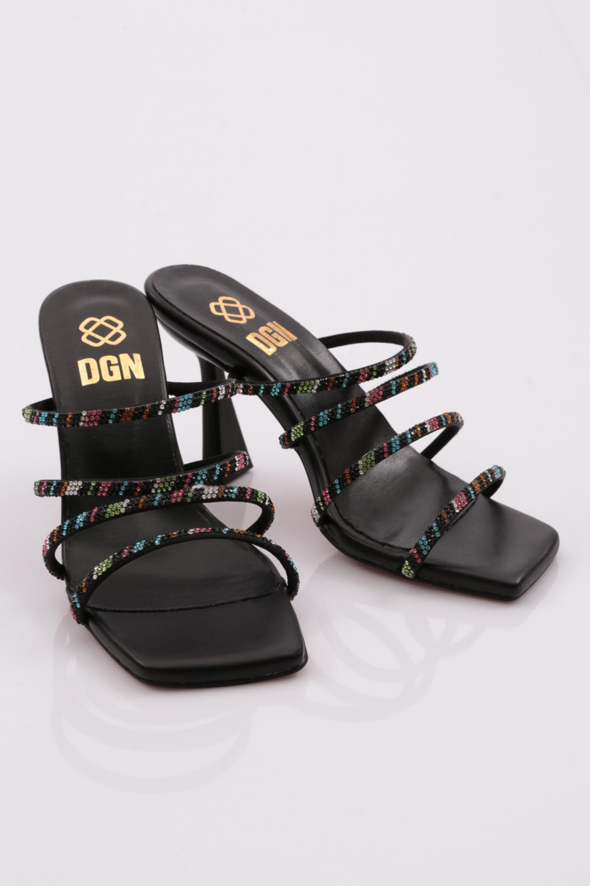 1273 Kadin Dört Renk Şeritli Topuklu Terlik - Görsel 3