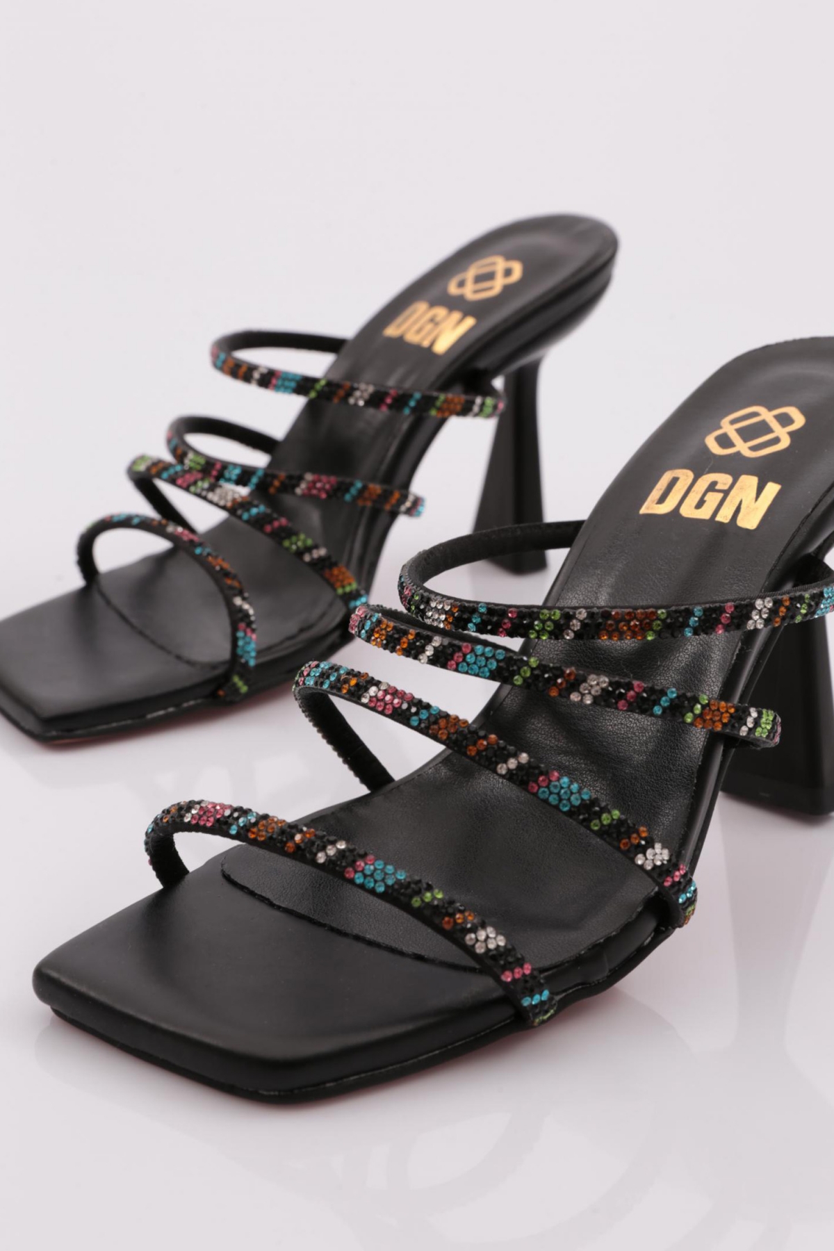 1273 Kadin Dört Renk Şeritli Topuklu Terlik - Görsel 5