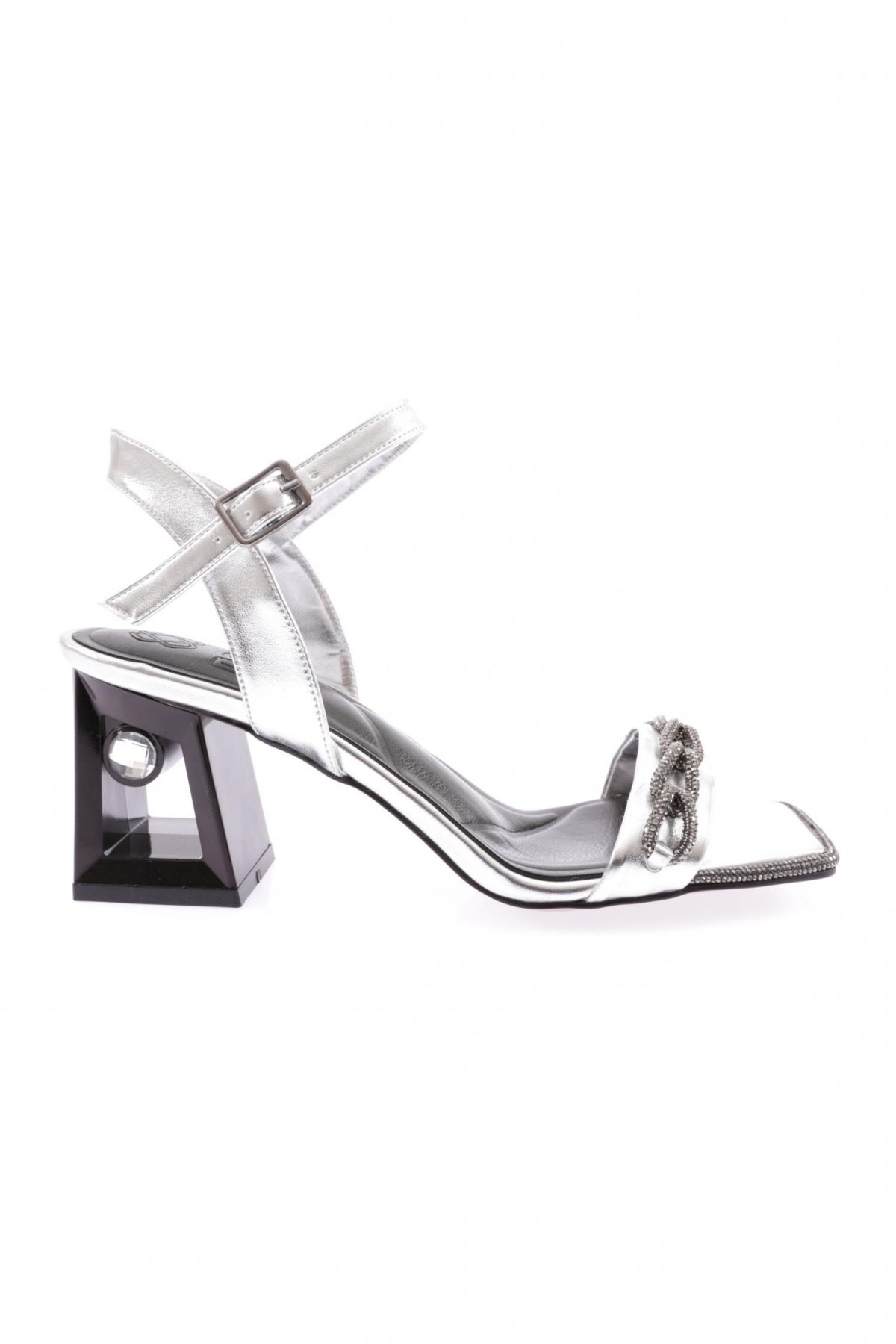 617-23Y Kadin Silver Taş Bantli Topuklu Sandalet - Görsel 2