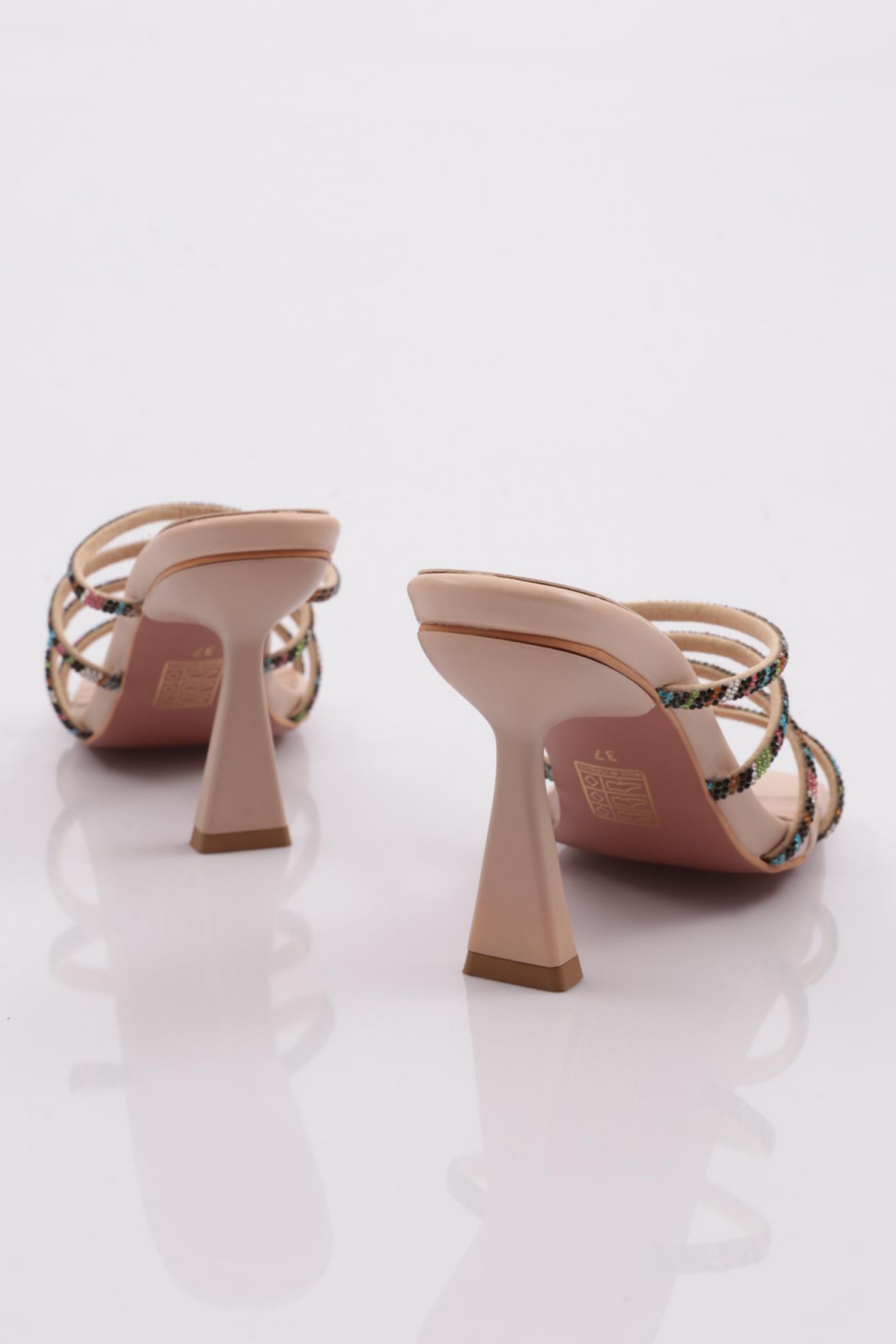 1273 Kadin Dört Renk Şeritli Topuklu Terlik - Görsel 4