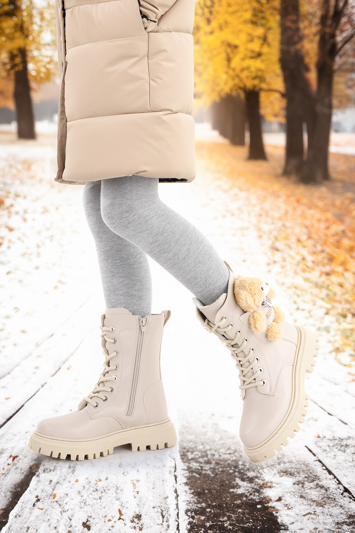 450 Ayıcıklı Fermuarlı Kız Çocuk Günlük Bot Ayakkabı Bej - Görsel 3