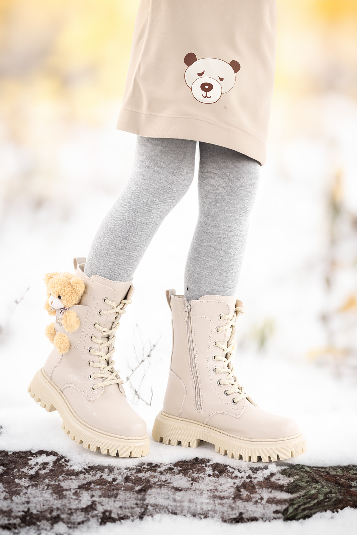 450 Ayıcıklı Fermuarlı Kız Çocuk Günlük Bot Ayakkabı Bej - Görsel 4