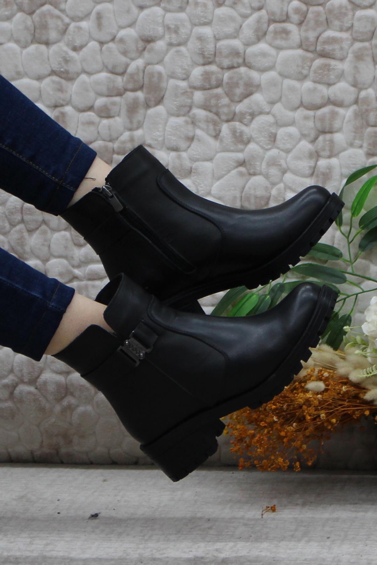 32822 Siyah Orijinal Hakiki Deri İçi Kürklü Kaymaz Taban Kadın Bot - Görsel 6