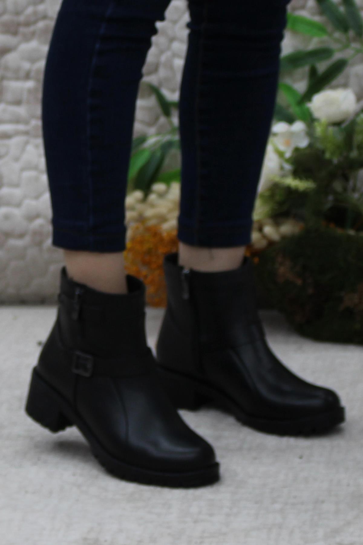 42831 Siyah Orijinal Hakiki Deri İçi Kürklü Kaymaz Taban Kadın Bot - Görsel 5