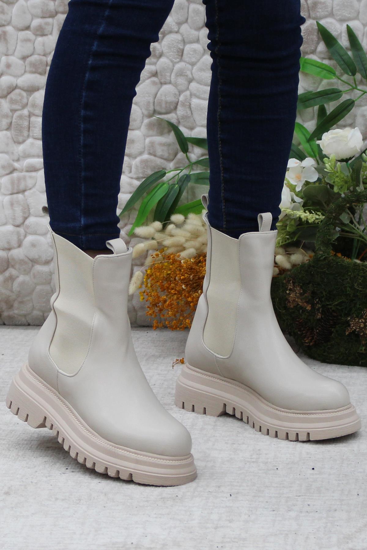 351028 Bej Fashion Yiğimi Lastikli Sıcak Astar Kadın Bot - Görsel 5