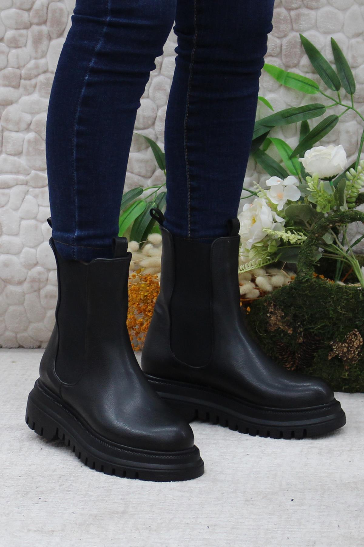 351028 Siyah Fashion Yiğimi Lastikli Sıcak Astar Kadın Bot - Görsel 3