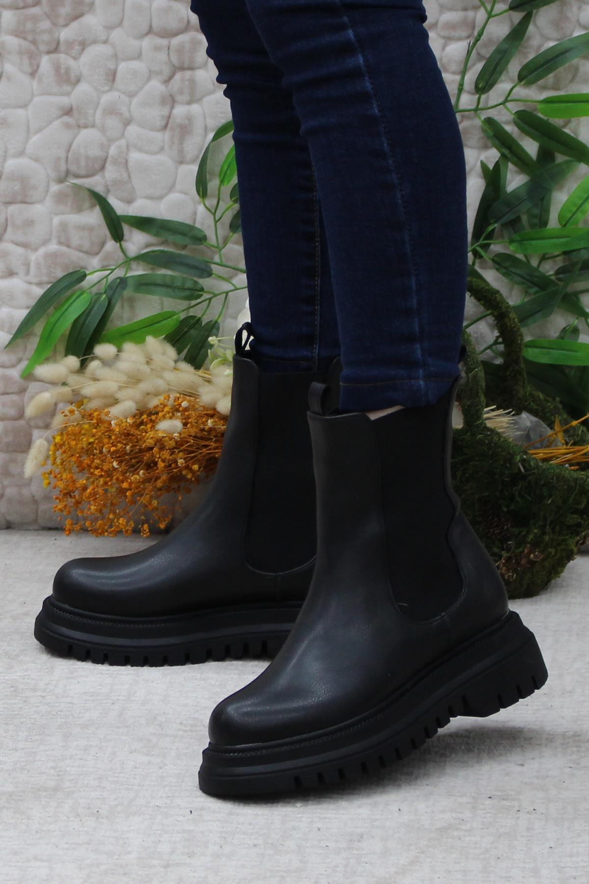 351028 Siyah Fashion Yiğimi Lastikli Sıcak Astar Kadın Bot - Görsel 4