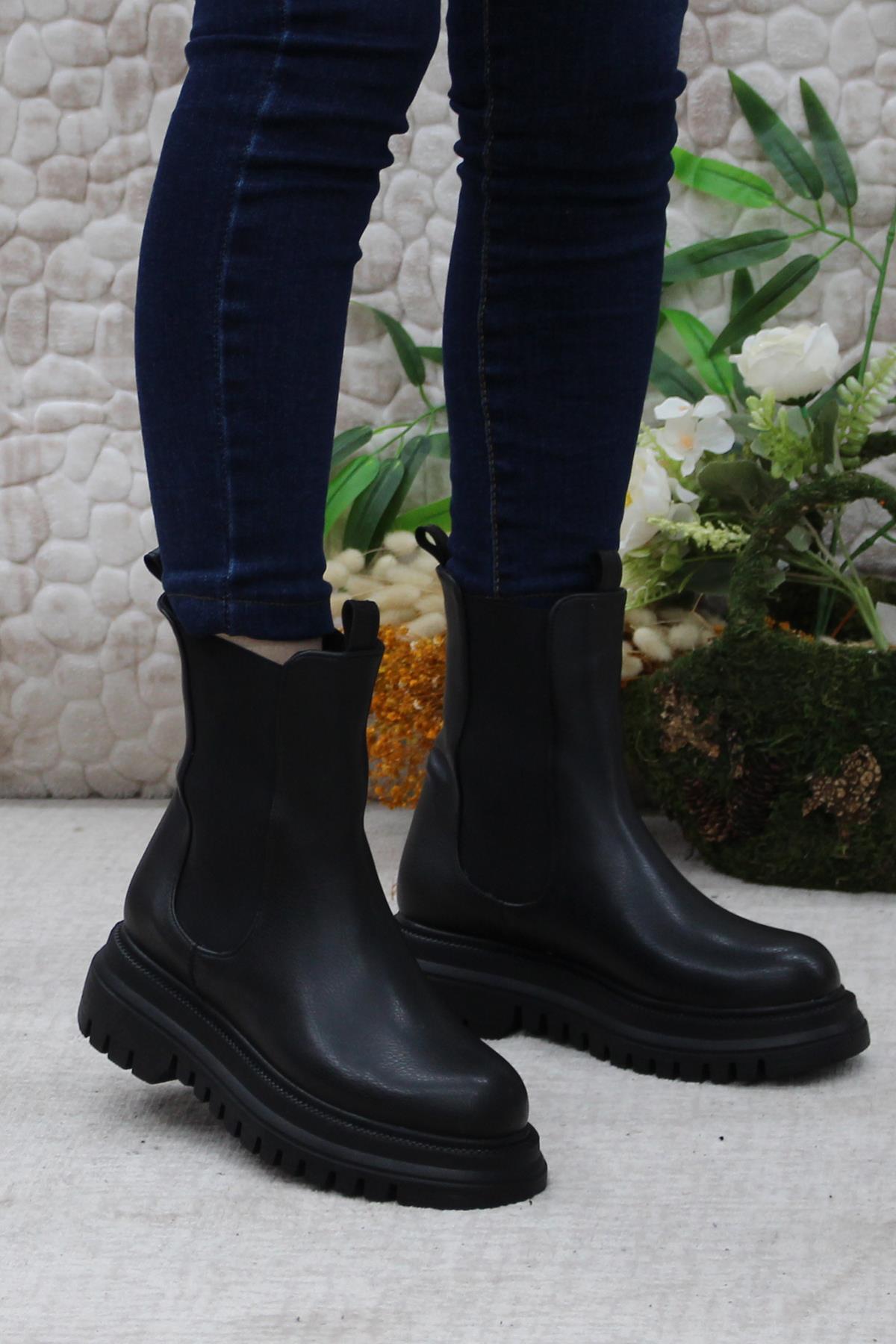 351028 Siyah Fashion Yiğimi Lastikli Sıcak Astar Kadın Bot - Görsel 5